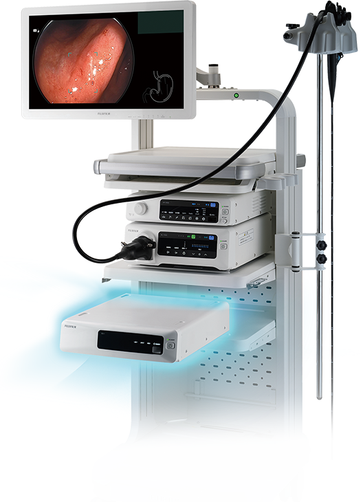 Sistema de endoscopia Fujifilm ELUXEO — torre com o conjunto EP-7000 e a unidade EX-1 onde o CADEYE roda